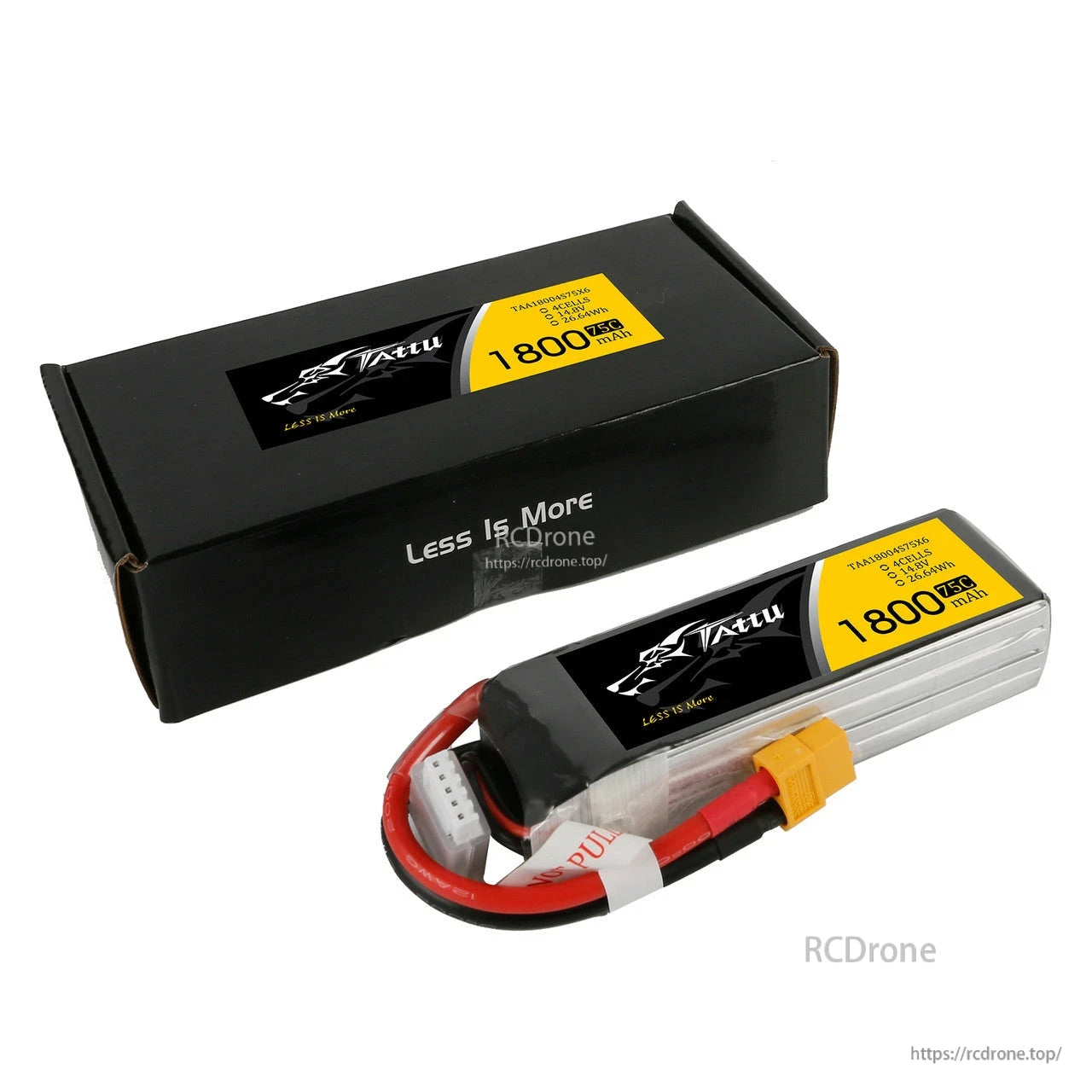 Tattu 1800mAh 4S1P 14.8V 75C LiPo Battery, Tattu 1800mAh 4S 14.8V 75C LiPo battery with XT60 connector and balance lead, shown with retail box