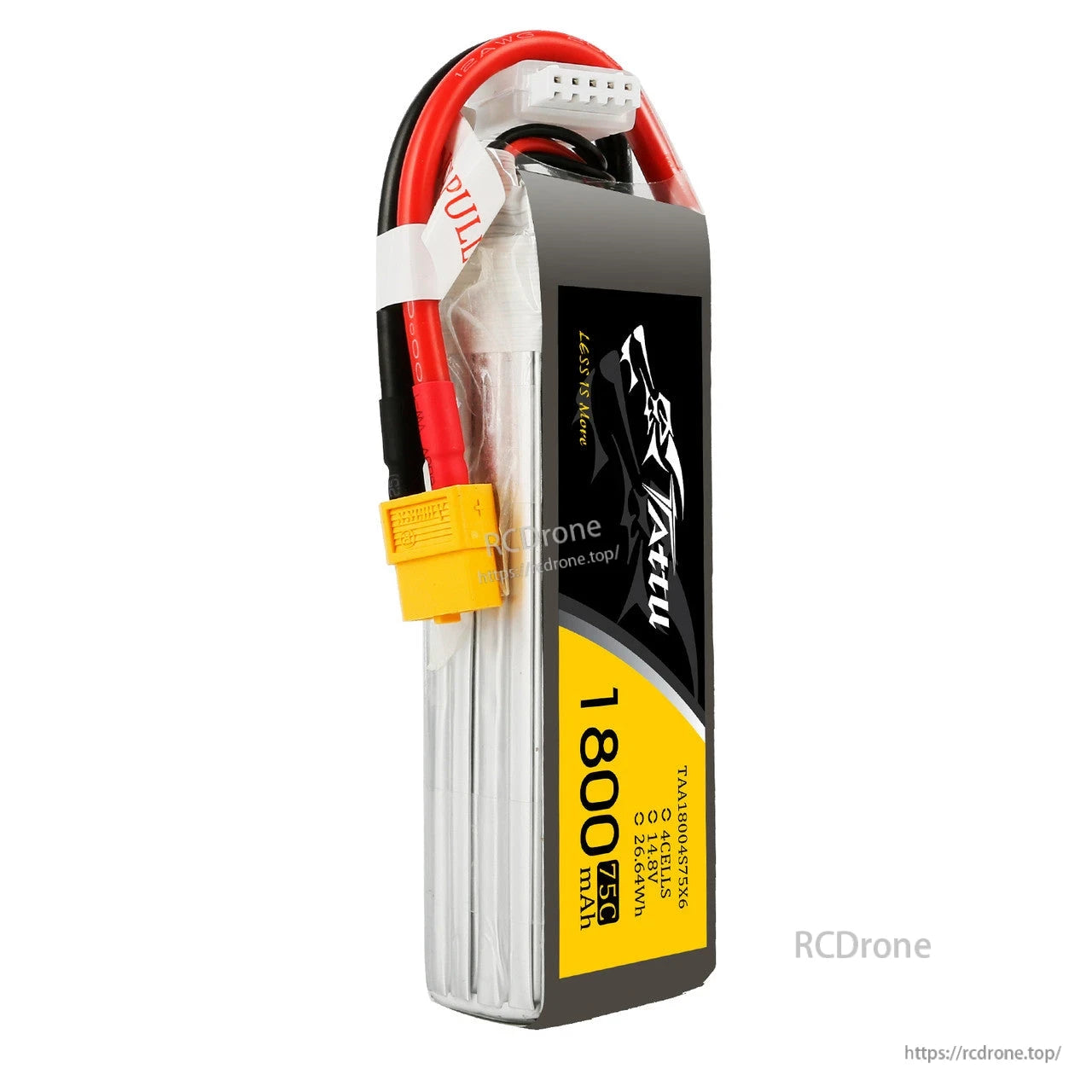 Tattu 1800mAh 4S1P 14.8V 75C LiPo Battery, Tattu 1800mAh 4S 14.8V 75C LiPo battery pack with XT60 power plug and white balance connector