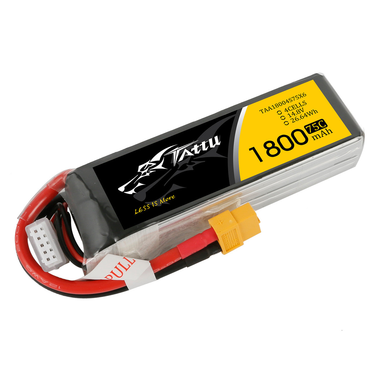 Tattu 1800mAh 4S1P 14.8V 75C LiPo Battery, Tattu 1800mAh 4S 14.8V 75C LiPo battery pack with yellow XT60-style plug and white balance lead