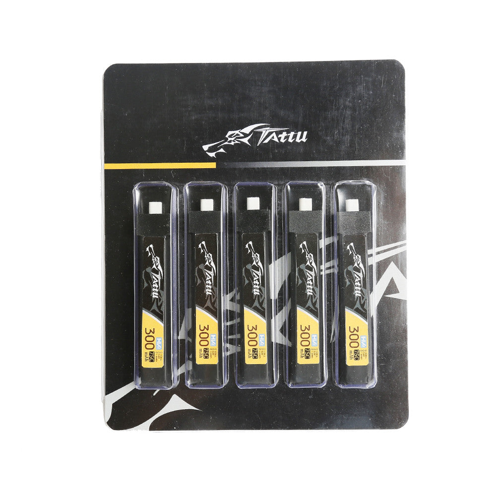 Tattu 1S 300mAh 75C 3.8V LiHV LiPo Battery, Pack of five Tattu 1S 300mAh 75C LiHV LiPo batteries in retail blister packaging