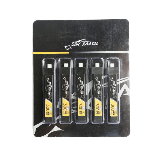 Tattu 1S 300mAh 75C 3.8V LiHV LiPo Battery, Pack of five Tattu 1S 300mAh 75C LiHV LiPo batteries in retail blister packaging