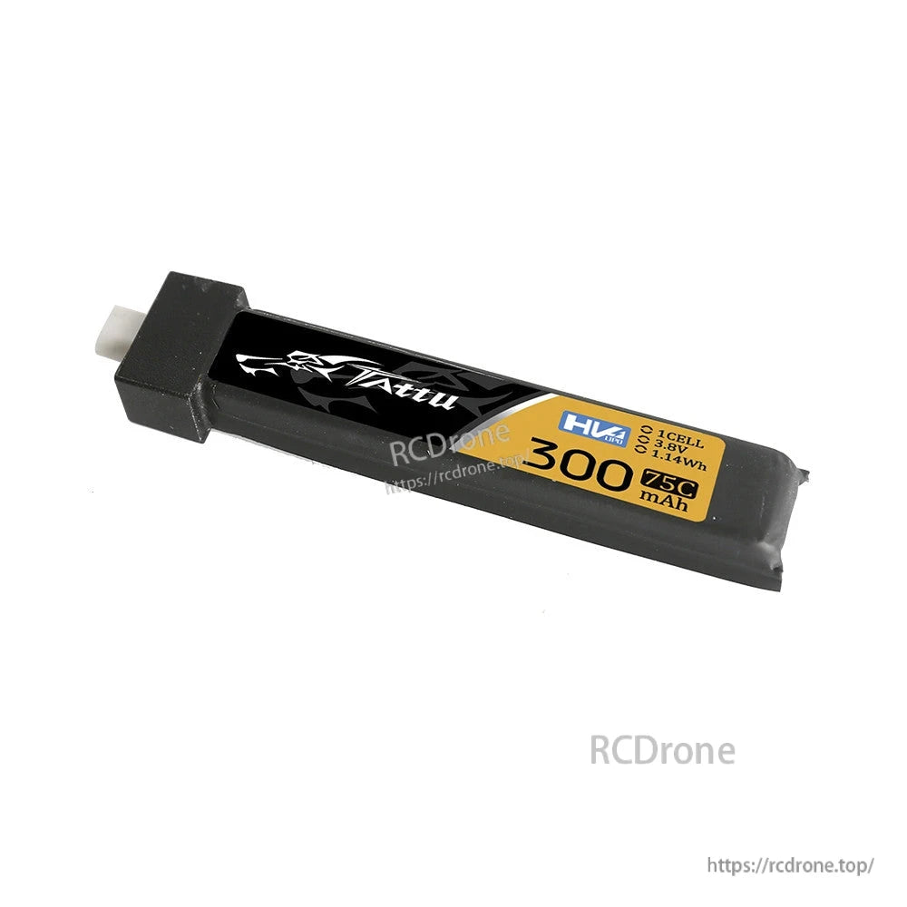 Tattu 1S 300mAh 75C 3.8V LiHV LiPo Battery, Tattu HV 1S 300mAh 75C LiHV LiPo battery pack, 3.8V 1-cell, with small white connector