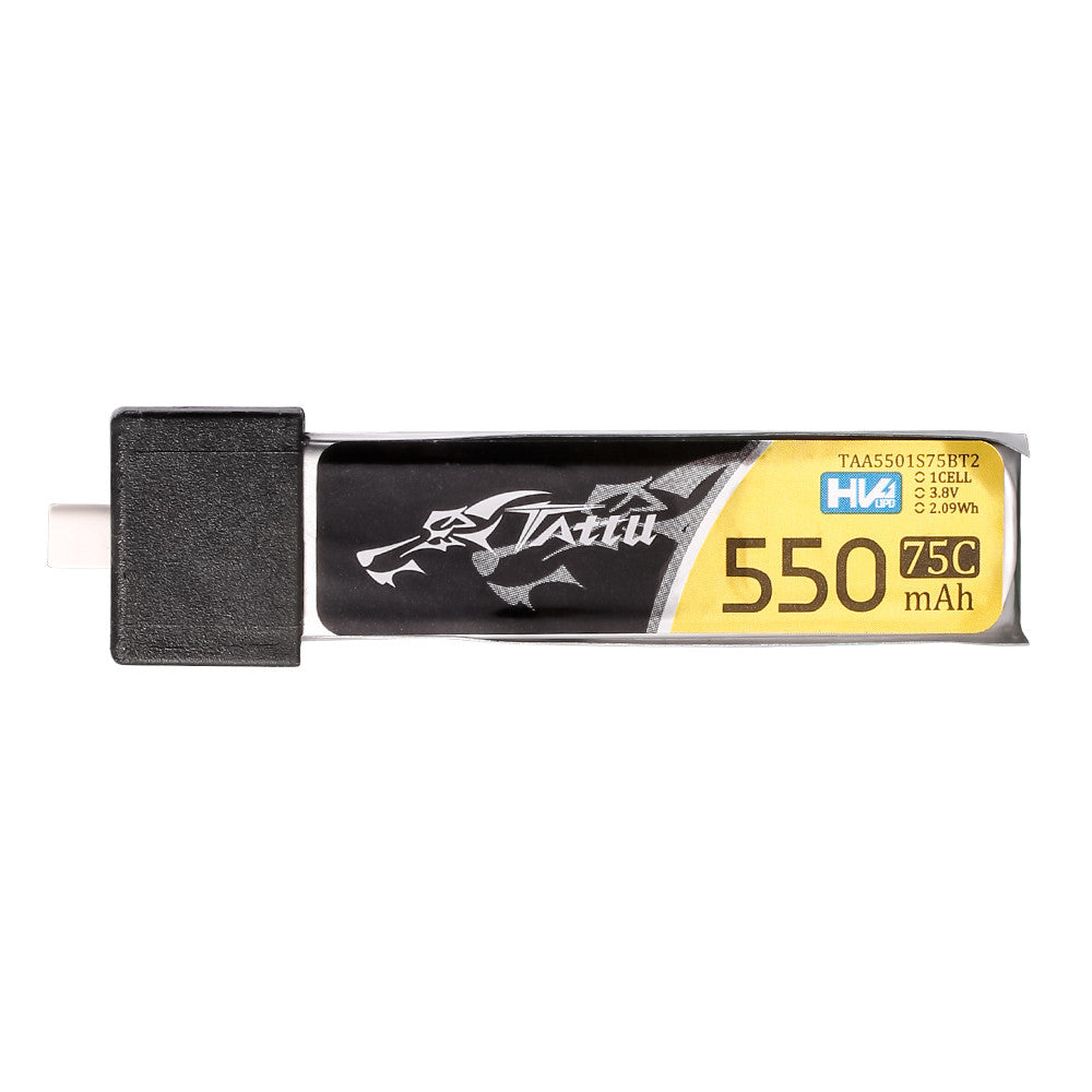 Tattu 1S 550mAh 75C 3.8V HV LiPo Battery, Tattu 1S HV LiPo battery pack labeled 550mAh 75C 3.8V (2.09Wh) with BT2.0-style connector