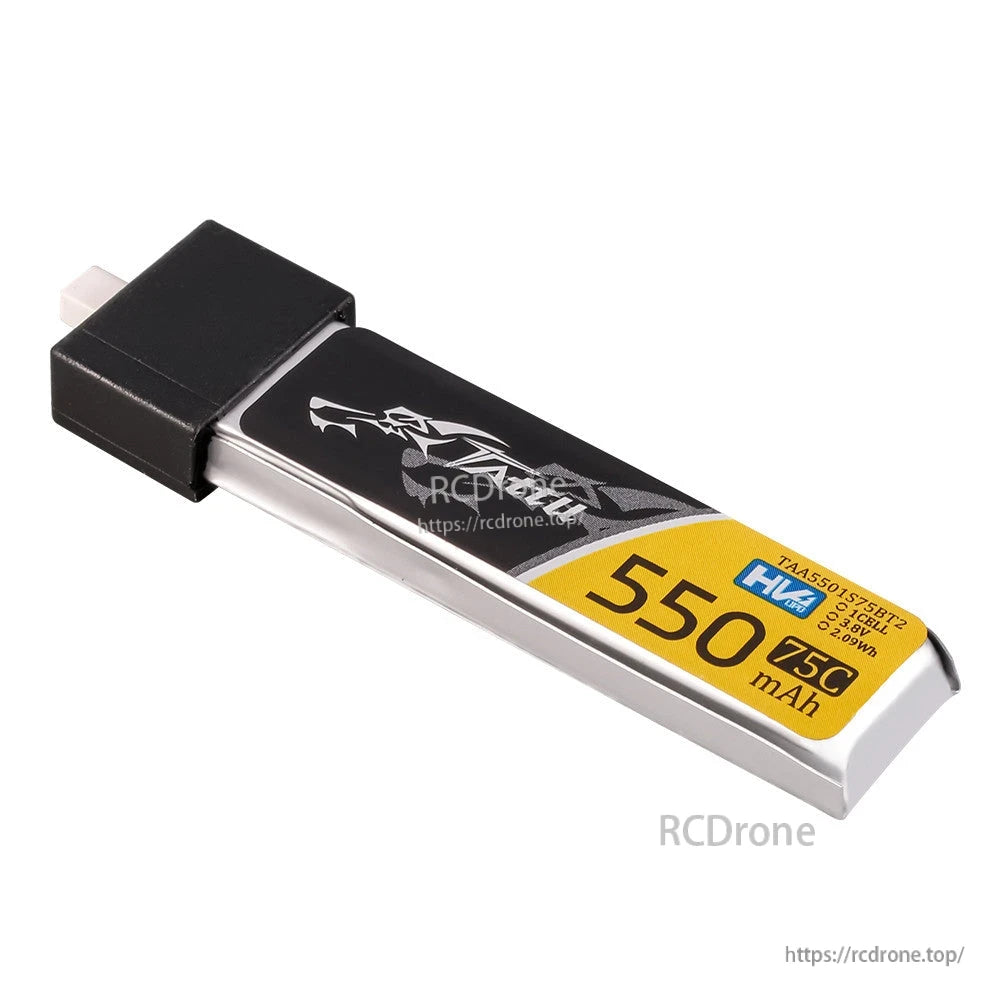 Tattu 1S 550mAh 75C 3.8V HV LiPo battery with built-in USB charging plug and yellow label