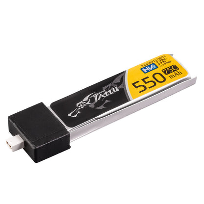 Tattu 1S 550mAh 75C 3.8V HV LiPo Battery, Tattu 1S 550mAh HV LiPo battery pack with 75C label and small white connector on lead