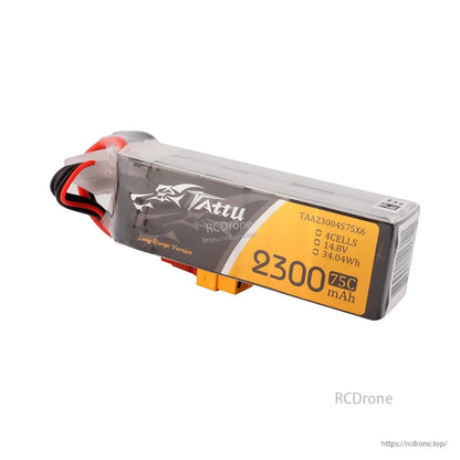Tattu 2300mAh 4S 14.8V 75C LiPo battery pack with labeled 4 cells rating and wired leads