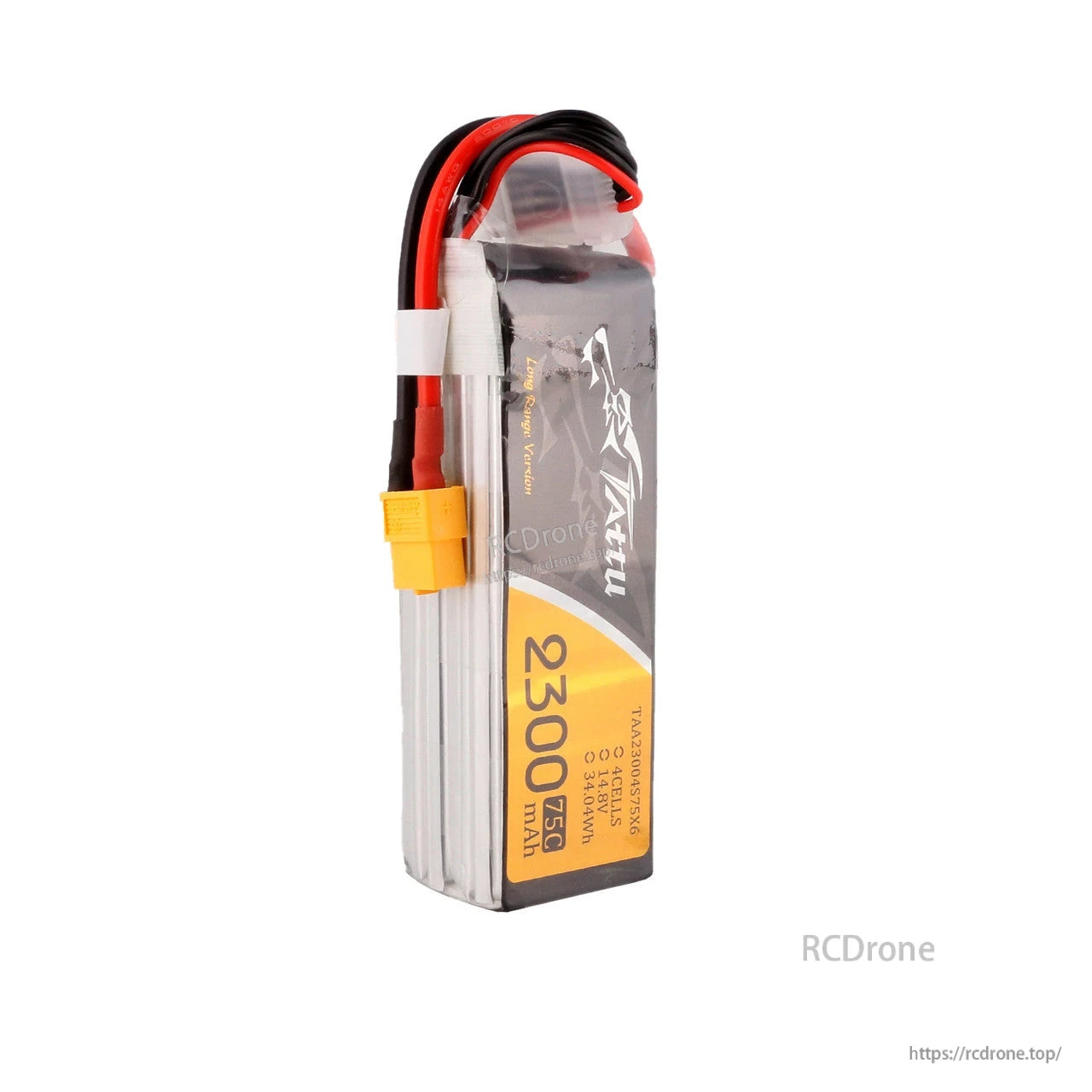 Tattu 2300mAh 4S 14.8V 75C LiPo battery pack with XT60 connector, balance lead, and protective sleeve