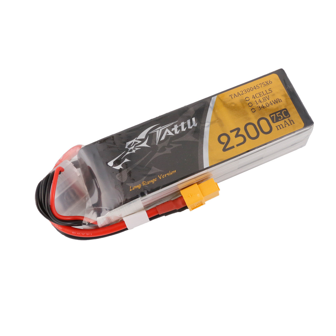 Tattu 2300mAh 4S 14.8V 75C LiPo battery pack with XT60 connector and balance lead, long range version
