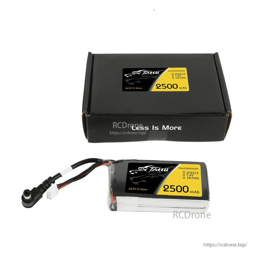 Tattu 2500mAh 2S 7.4V LiPo battery pack with labeled 18.5Wh rating, DC barrel lead and balance connector