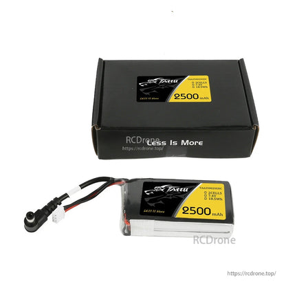 Tattu 2500mAh 2S 7.4V LiPo battery pack with labeled 18.5Wh rating, DC barrel lead and balance connector