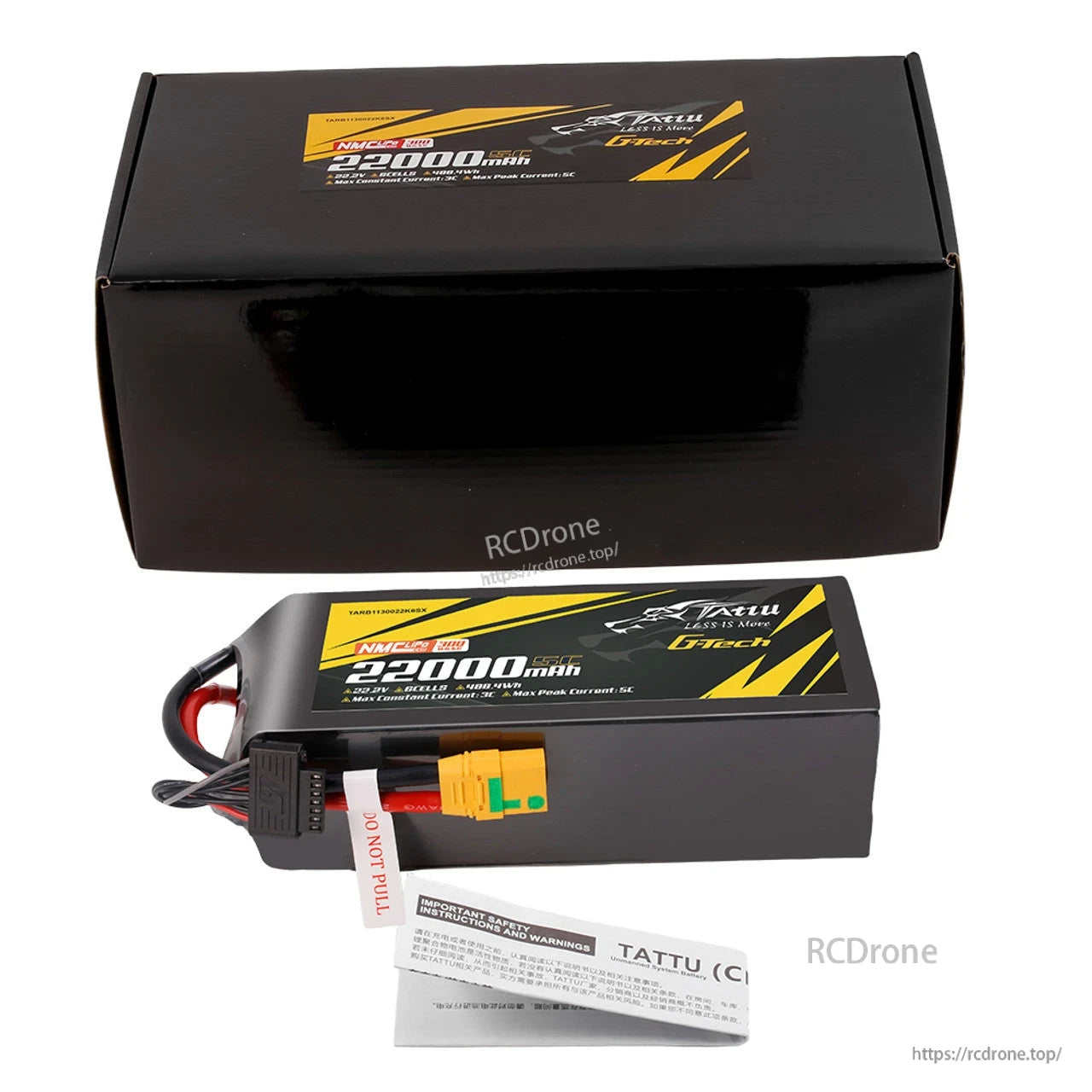 Tattu G-Tech 22.2V 22000mAh 6S1P LiPo battery with NMC4.0, 5C peak, XT90S connector, 300Wh/kg; designed for industrial drones, includes safety warnings.