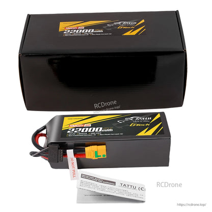 Tattu G-Tech 22.2V 22000mAh 6S1P LiPo battery with NMC4.0, 5C peak, XT90S connector, 300Wh/kg; designed for industrial drones, includes safety warnings.