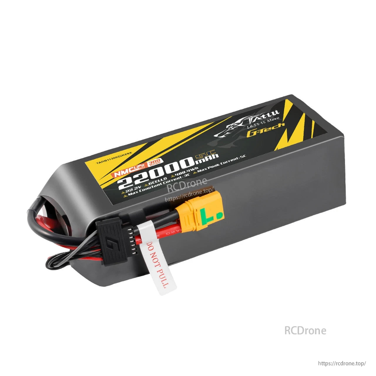 Tattu G-Tech 22.2V 22000mAh LiPo battery, 6S1P, 5C discharge, NMC tech, 300Wh/kg, for industrial drones; XT90S connector, durable black-yellow casing, 488.4Wh capacity, max 3C constant/5C peak current.