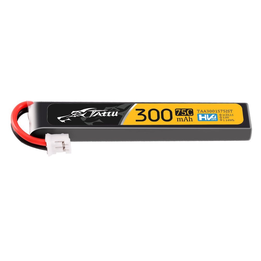 Tattu 300mAh 1S 75C 3.8V LiPo Battery, Tattu 300mAh 1S HV LiPo battery pack labeled 75C 3.8V, with red/black leads and a white JST-style plug