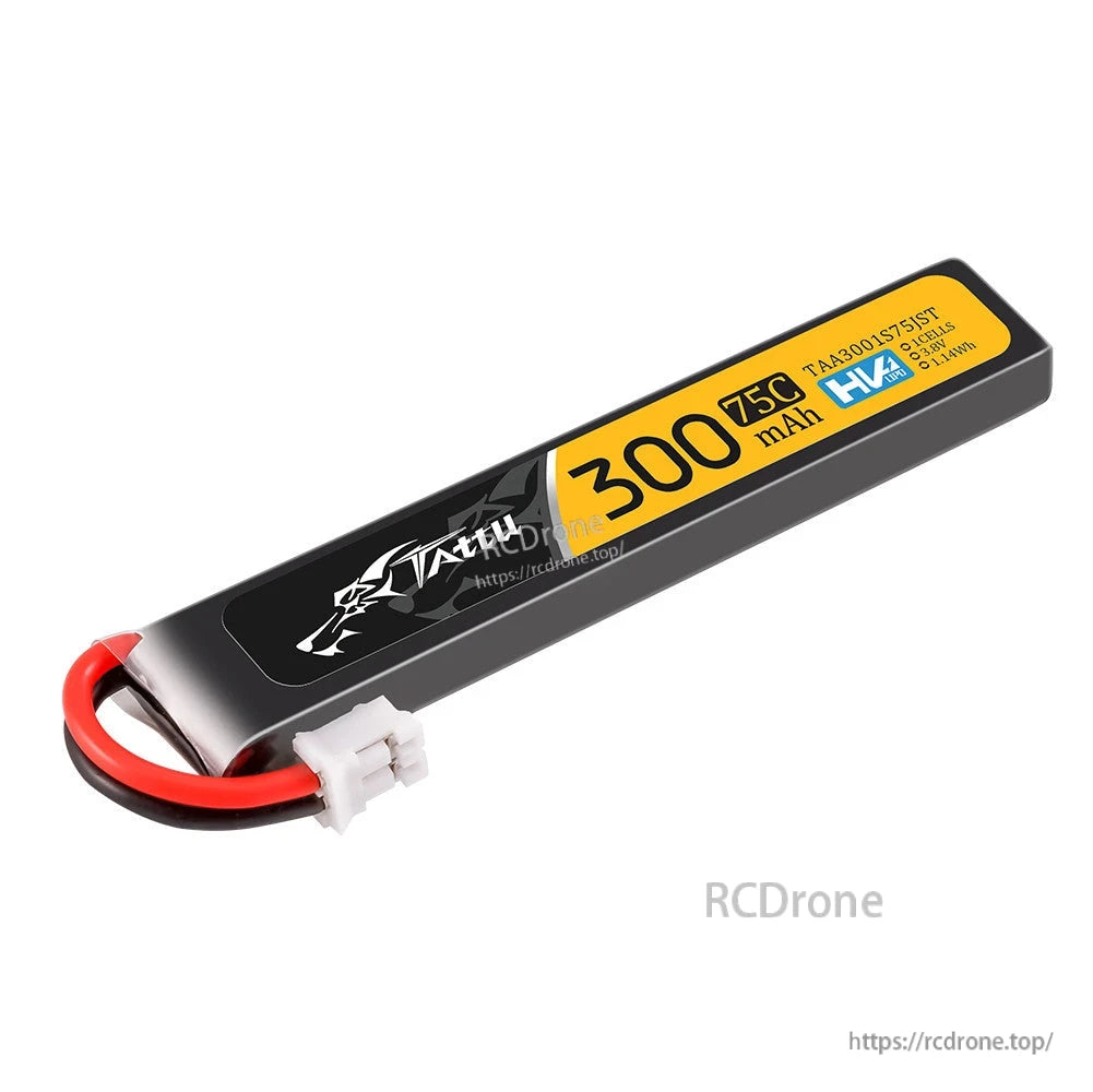 Tattu 300mAh 1S 75C 3.8V LiPo Battery, Tattu 300mAh 1S 75C 3.8V HV LiPo battery pack with red/black leads and small white plug connector
