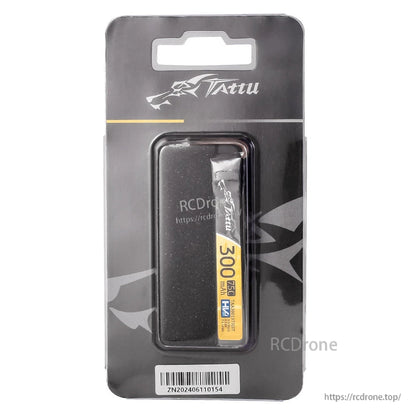 Tattu 300mAh 1S 75C 3.8V LiPo Battery, Tattu 300mAh 75C HV LiPo battery in retail blister packaging with yellow label and barcode