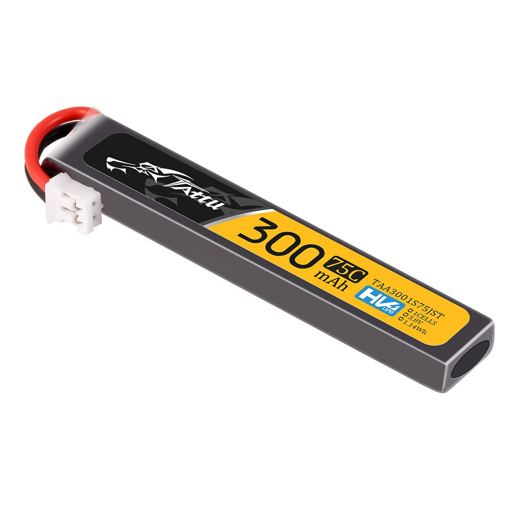 Tattu 300mAh 1S 75C 3.8V LiPo Battery, Tattu 300mAh 1S 3.8V HV LiPo battery pack with 75C label and white JST-style connector lead