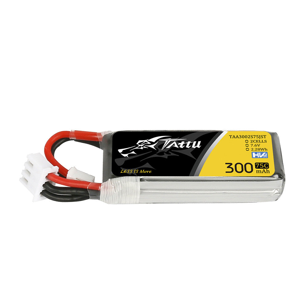 Tattu 300mAh 2S 75C 7.6V LiPo Battery, Tattu 300mAh 2S 7.6V HV LiPo battery pack with 75C label and attached lead wires with white connector