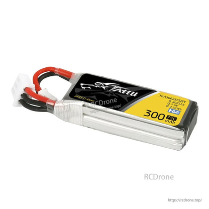 Tattu 300mAh 2S 75C 7.6V LiPo Battery, Tattu 300mAh 2S 7.6V 75C LiPo battery pack with attached power leads and white connector