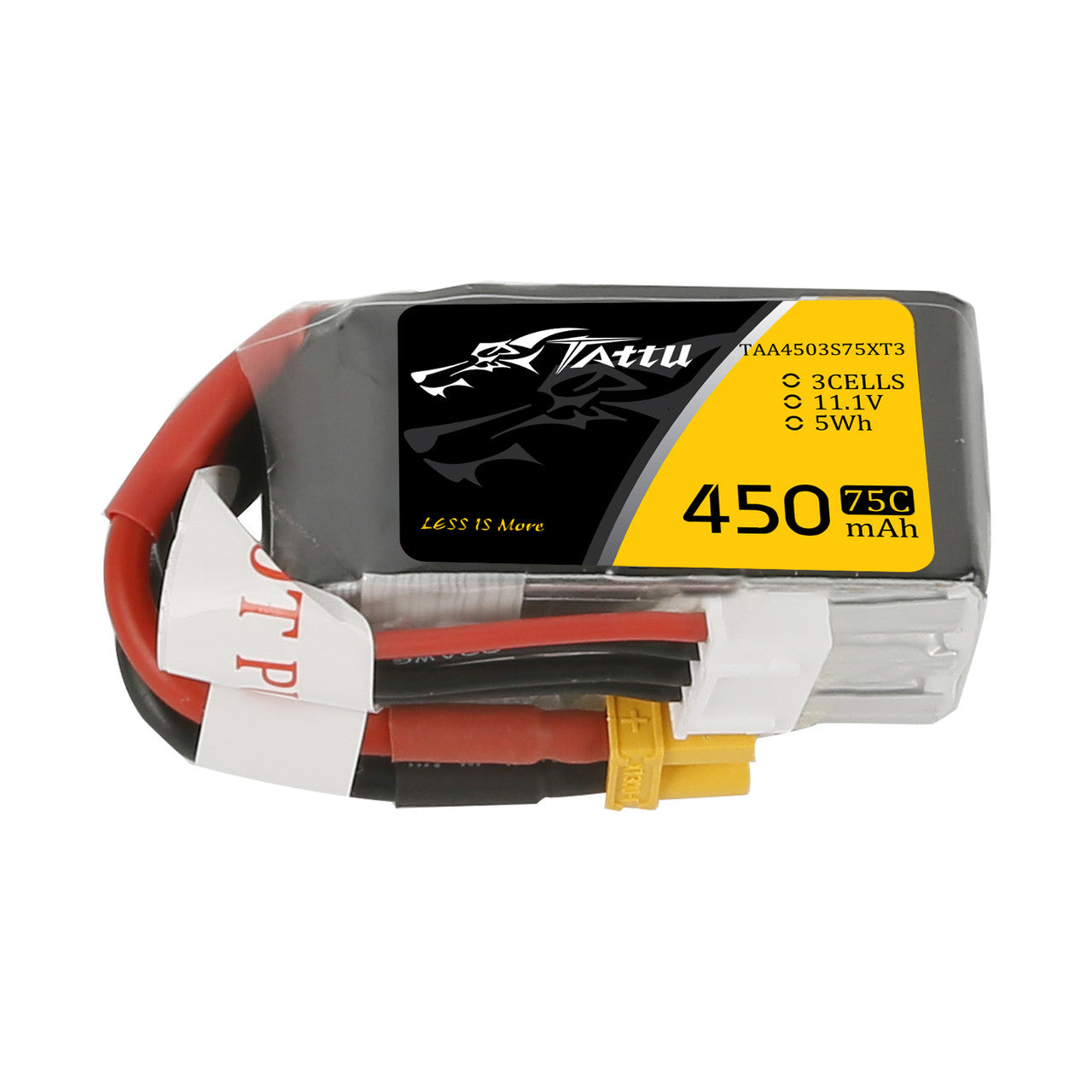 Tattu 3S 450mAh 75C 11.1V LiPo Battery, Tattu 3S 11.1V 450mAh 75C LiPo battery pack with XT30-style lead and white balance connector