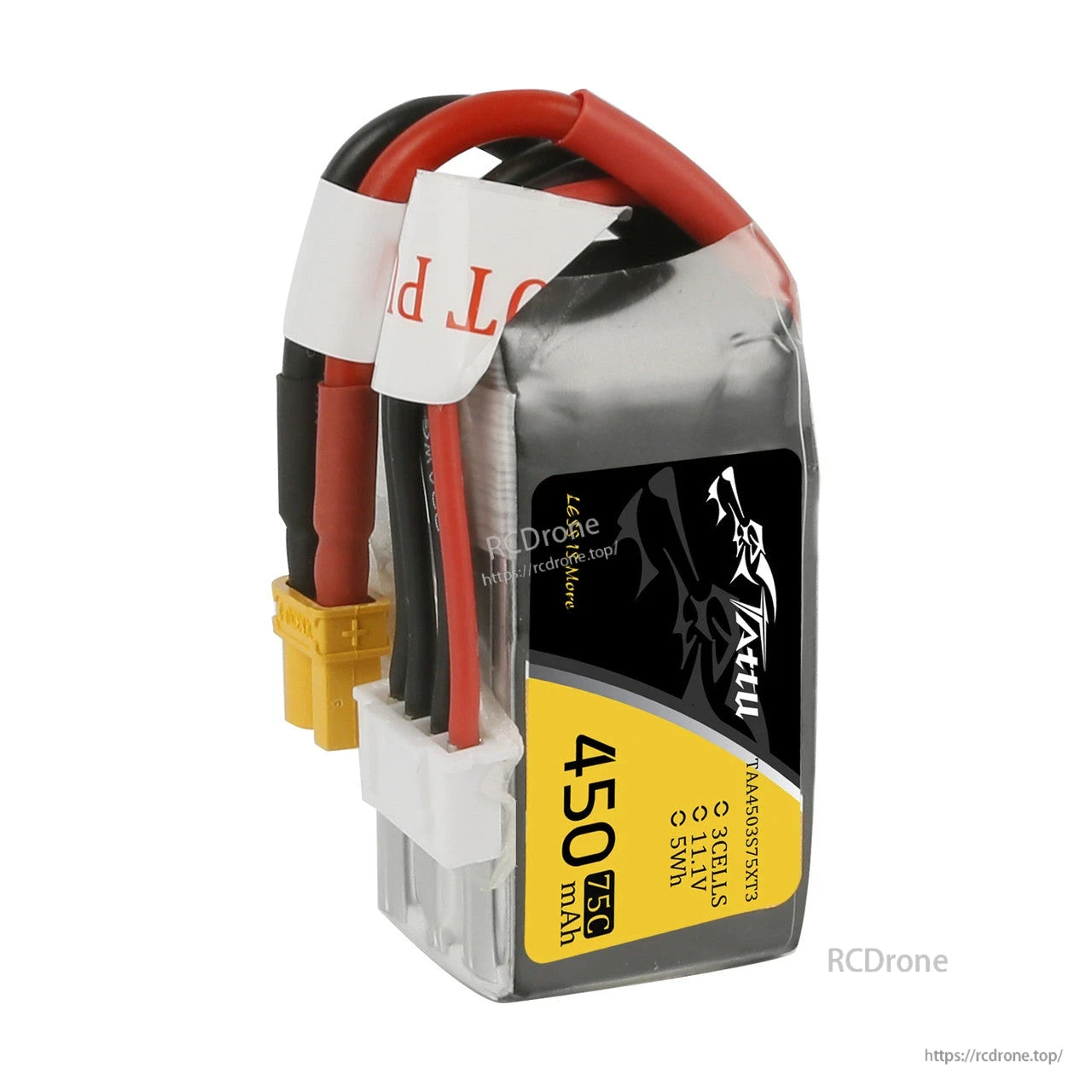 Tattu 3S 450mAh 75C 11.1V LiPo battery pack with yellow main connector and white balance plug