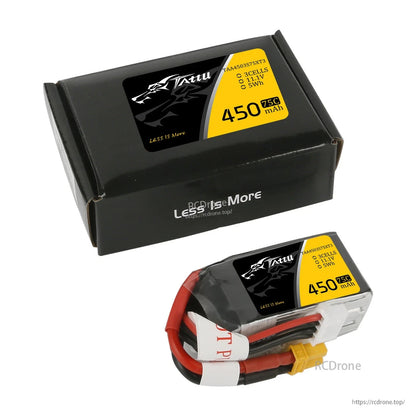 Tattu 3S 450mAh 75C 11.1V LiPo Battery, Tattu 3S 11.1V 450mAh 75C LiPo battery pack with pre-wired leads and yellow connector, shown with box