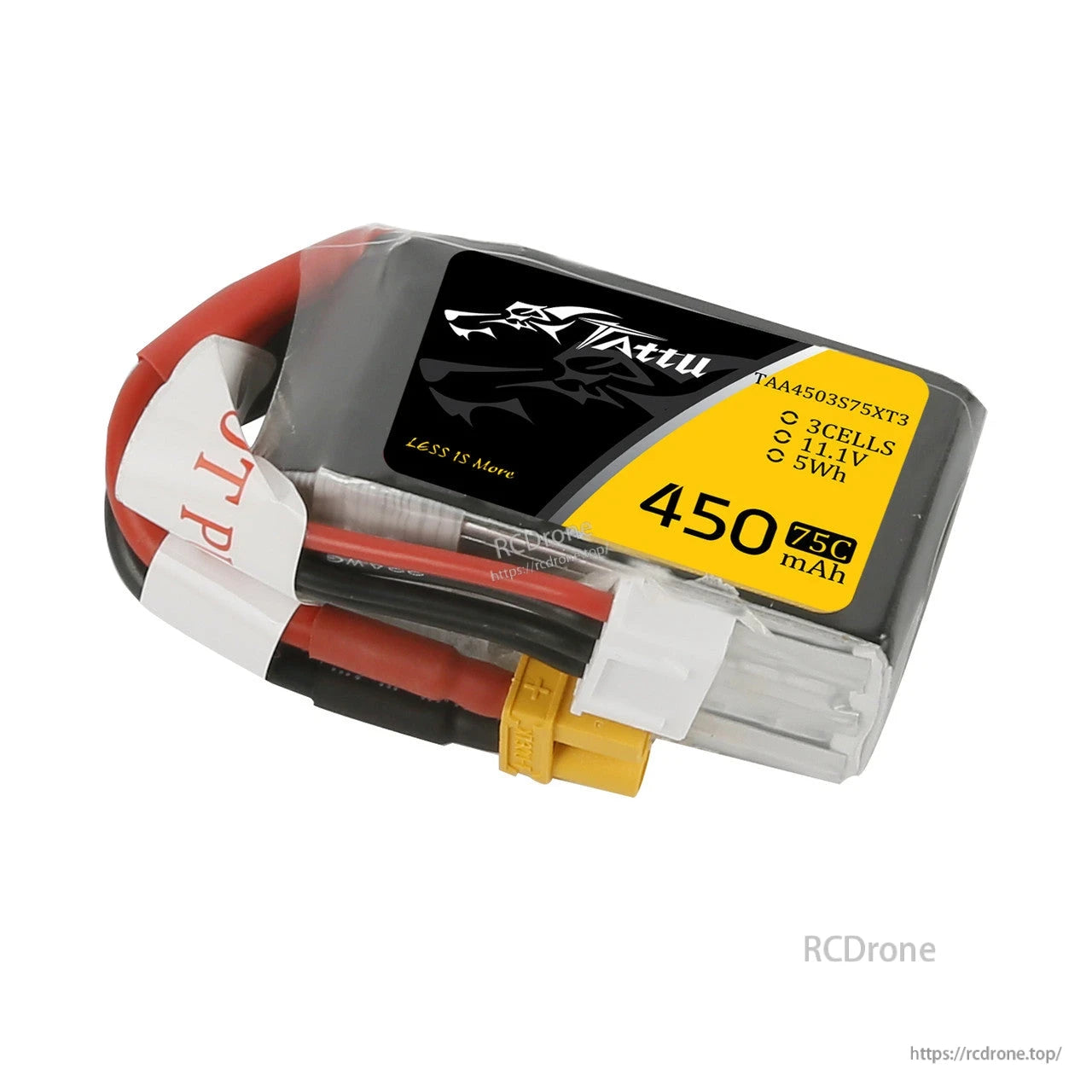 Tattu 3S 450mAh 75C 11.1V LiPo battery pack with XT30-style plug, balance lead, and labeled specs