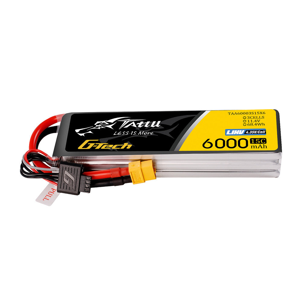 Tattu 3S 6000mAh 15C 11.4V G-Tech LiPo Battery, Tattu G-Tech 3S 6000mAh 15C LiHV LiPo battery pack with XT60 lead and balance connector