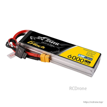 Tattu 3S 6000mAh 15C 11.4V G-Tech LiPo Battery, Tattu G-Tech 3S 6000mAh LiPo battery pack with XT60 connector, balance lead, and G-Tech plug