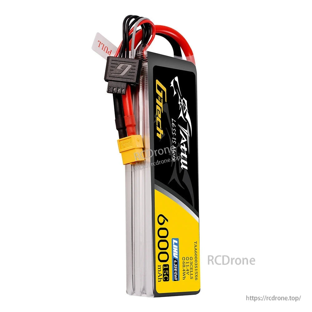 Tattu 3S 6000mAh 15C 11.4V G-Tech LiPo Battery, Tattu G-Tech 3S 6000mAh 15C LiPo battery pack with XT60-style plug and balance lead, 11.4V label