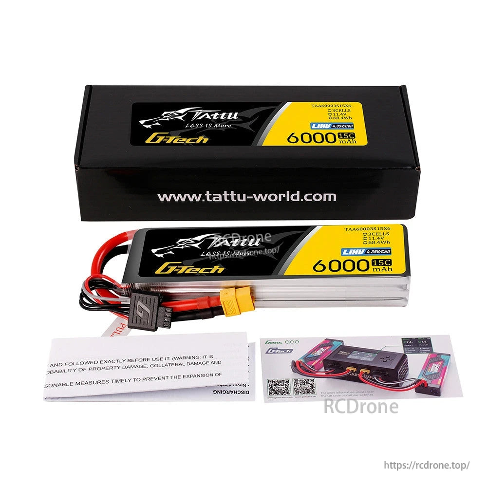 Tattu 3S 6000mAh 15C 11.4V G-Tech LiPo Pil Paketi (3S1P) XT60 Fişli & G-Tech-4P Denge