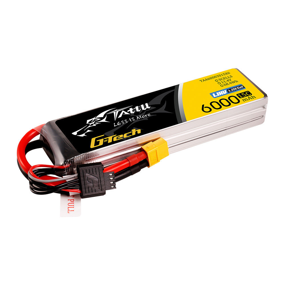 Tattu 3S 6000mAh 15C 11.4V G-Tech LiPo Battery, Tattu G-Tech 3S 6000mAh 15C LiPo battery pack with XT60 plug and balance lead, 11.1V label