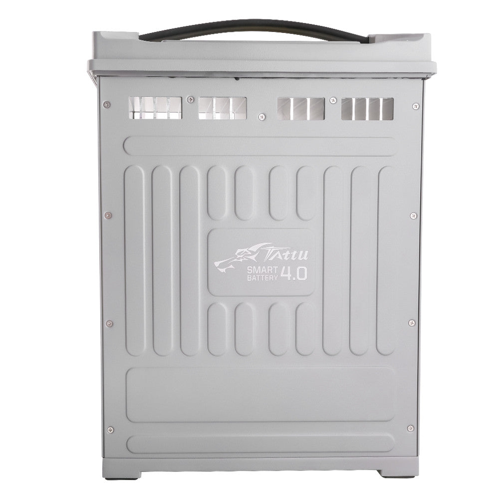 Tattu Smart Battery 4.0 pack in a gray metal case with carry handle and vent openings on the top edge