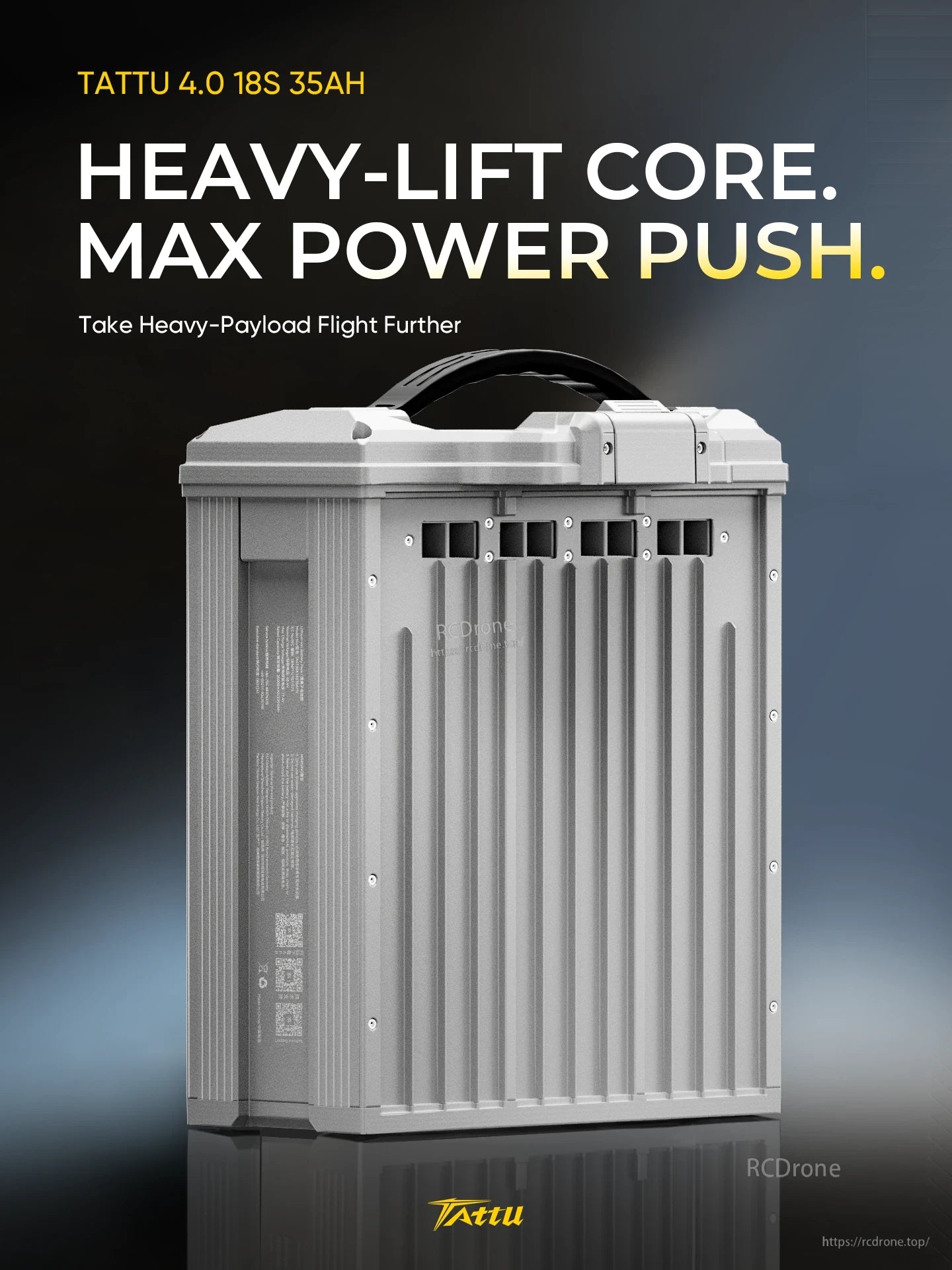 Tattu 4.0 18S 35Ah high-voltage smart battery pack in a rugged silver hard case with built-in carry handle