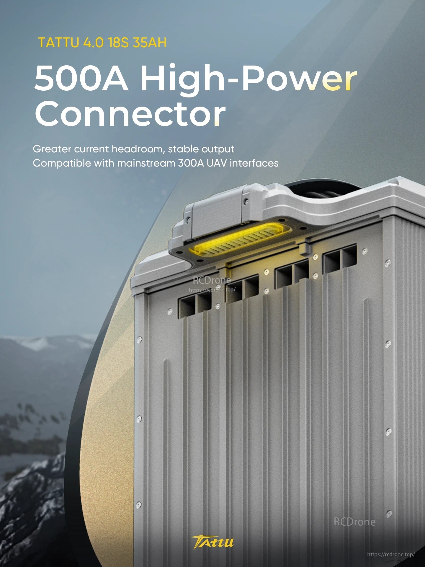 Tattu 4.0 18S 35Ah smart battery pack with 500A high-power connector on top panel