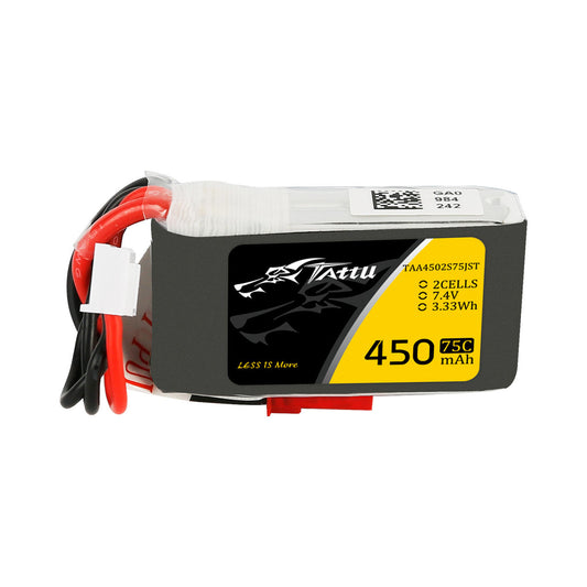 Tattu 450mAh 2S 7.4V 75C LiPo battery pack with attached power leads and white balance connector