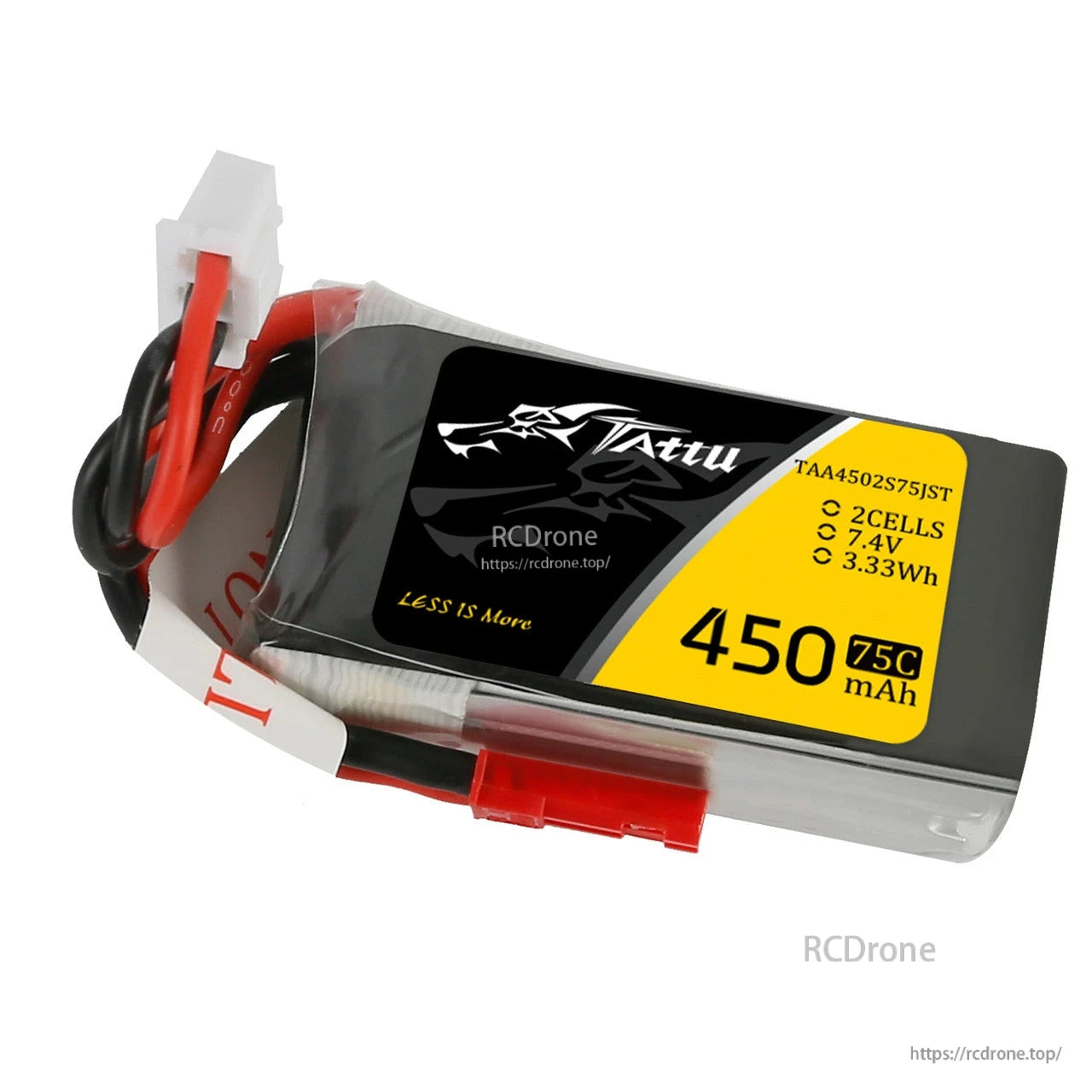 Tattu 450mAh 2S 7.4V 75C LiPo battery pack with yellow label and white JST connector lead