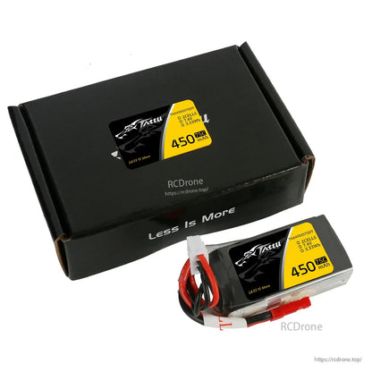 Tattu 450mAh 2S 7.4V 75C LiPo battery pack with balance lead and red power connector beside box