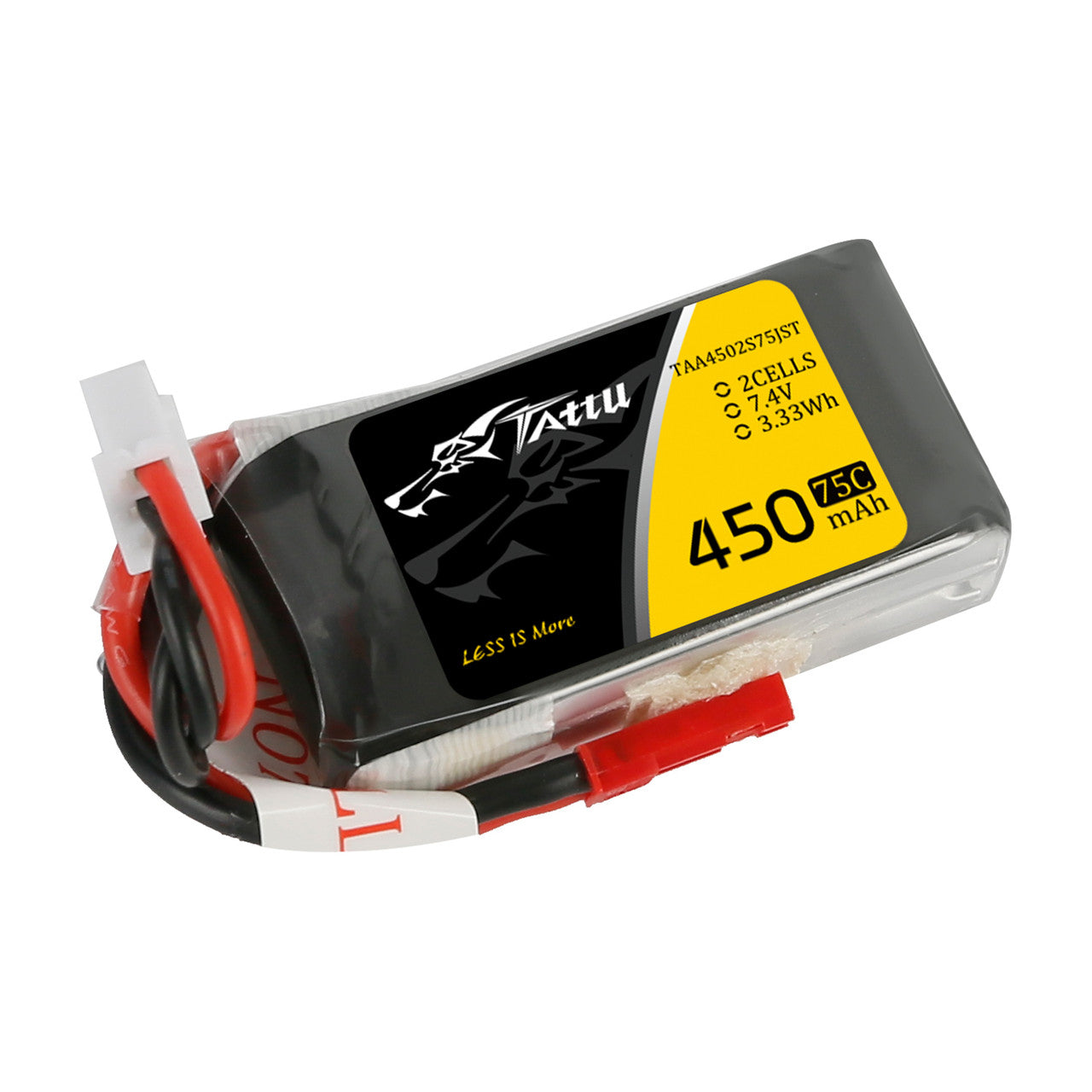 Tattu 450mAh 2S 7.4V 75C LiPo battery pack with 2-cell label and attached power and balance leads