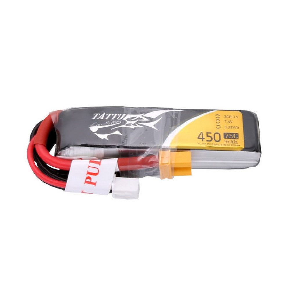 Tattu 450mAh 2S 75C 7.4V LiPo Battery, Tattu 450mAh 2S 7.4V 75C LiPo battery pack with yellow XT30-style connector and white balance plug