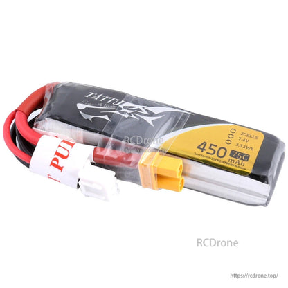 Tattu 450mAh 2S 75C 7.4V LiPo Battery, Tattu 450mAh 2S 7.4V 75C LiPo battery pack with XT30 main connector and white balance plug