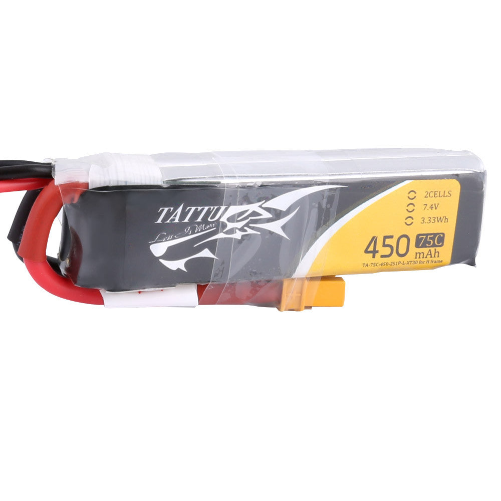Tattu 450mAh 2S 75C 7.4V LiPo Battery, Tattu 450mAh 2S 7.4V 75C LiPo battery pack with XT30 connector and balance lead