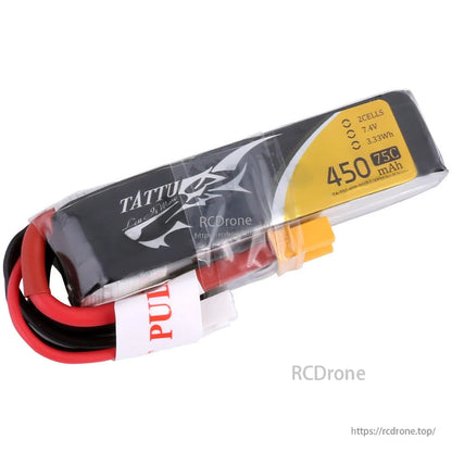 Tattu 450mAh 2S 75C 7.4V LiPo Battery, Tattu 450mAh 2S 7.4V 75C LiPo battery pack with yellow XT30-style connector and balance lead