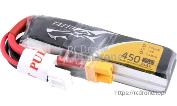 Tattu 450mAh 2S 75C 7.4V LiPo Battery Pack with JST-XHR-3P balance lead and XT30