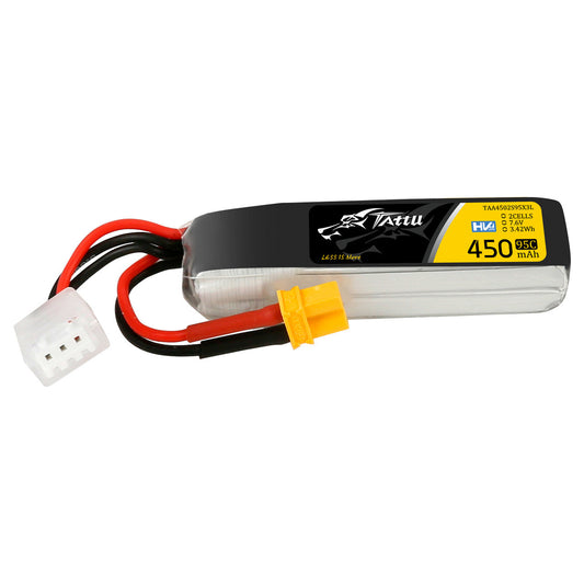 Tattu 450mAh 2S 7.6V HV 95C LiPo battery pack with XT30 lead and 3-pin balance connector