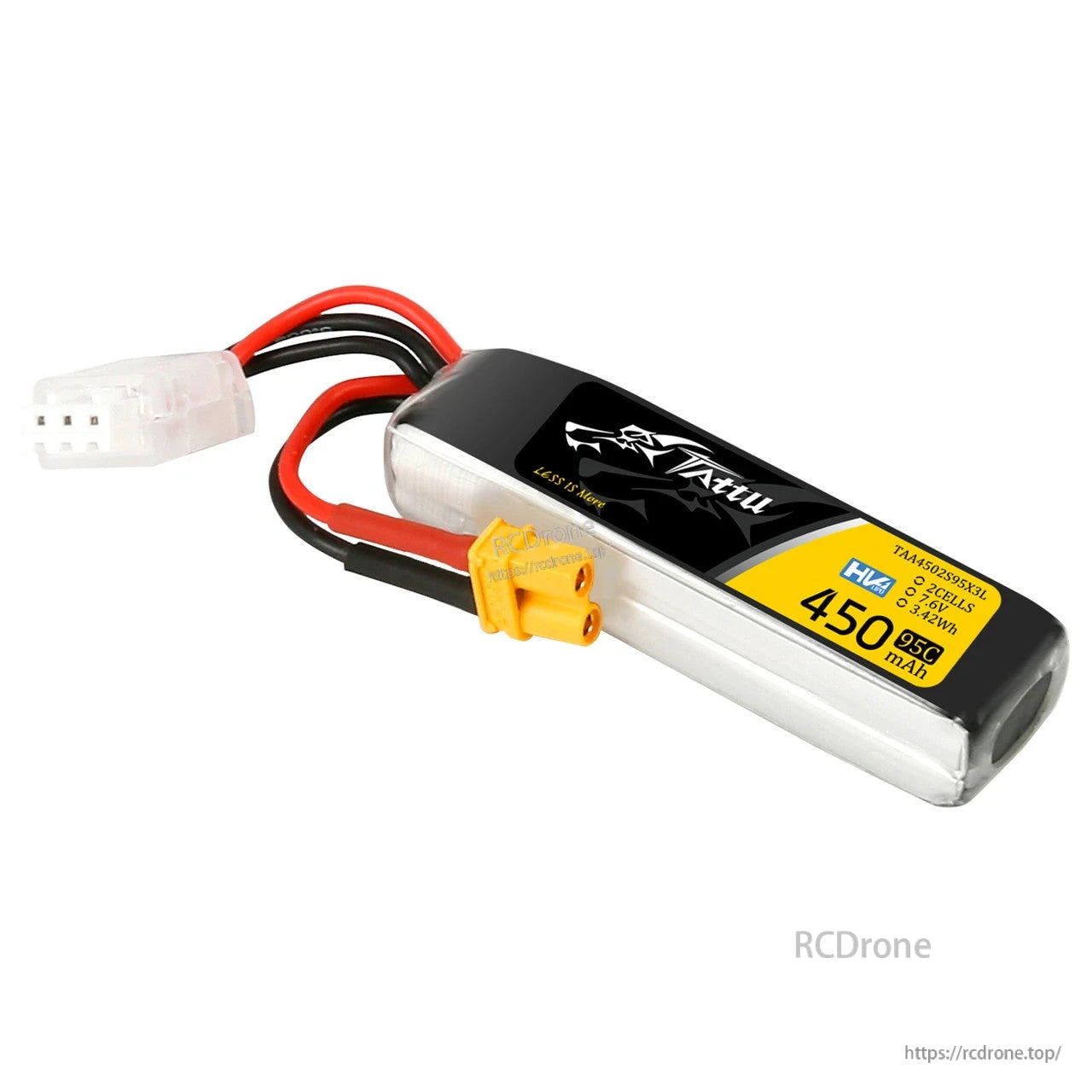Tattu 450mAh 2S 7.6V HV 95C LiPo battery pack with yellow XT30 connector and 3-pin balance plug