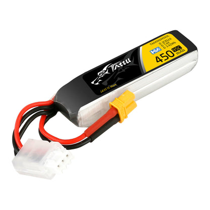 Tattu 450mAh 2S 7.6V HV 95C LiPo Battery, Tattu 450mAh 2S 7.6V HV LiPo battery pack with 95C label, yellow XT30-style connector and 3-pin balance lead