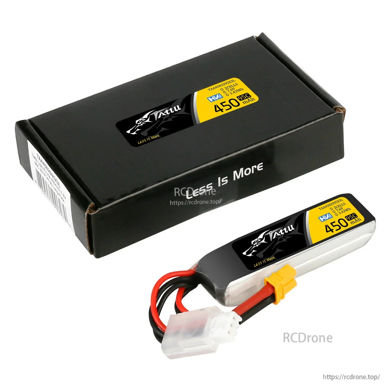 Tattu 450mAh 2S 7.6V HV 95C LiPo Battery, Tattu 450mAh 2S HV LiPo battery with XT30-style yellow power plug and white balance connector, shown with box