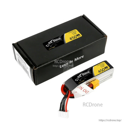 Tattu 450mAh 3S 11.1V 75C LiPo battery with XT30 main plug and balance lead, shown with box