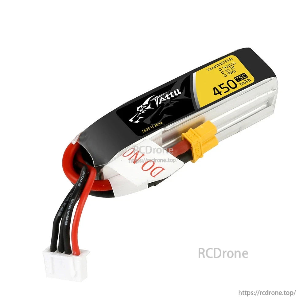 Tattu 450mAh 3S 11.1V 75C LiPo battery pack with yellow XT30-style plug and 3S balance lead